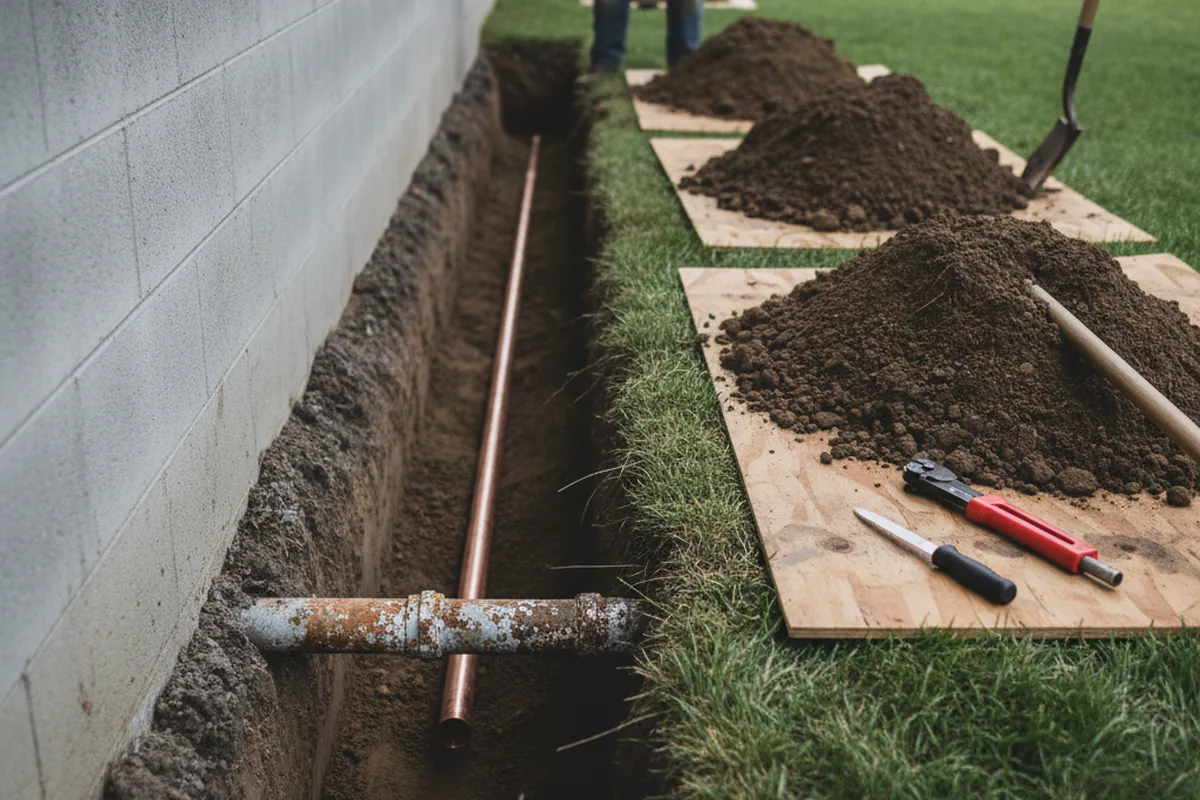 Excavated water line trench during Sewer Line Repair in Syracuse